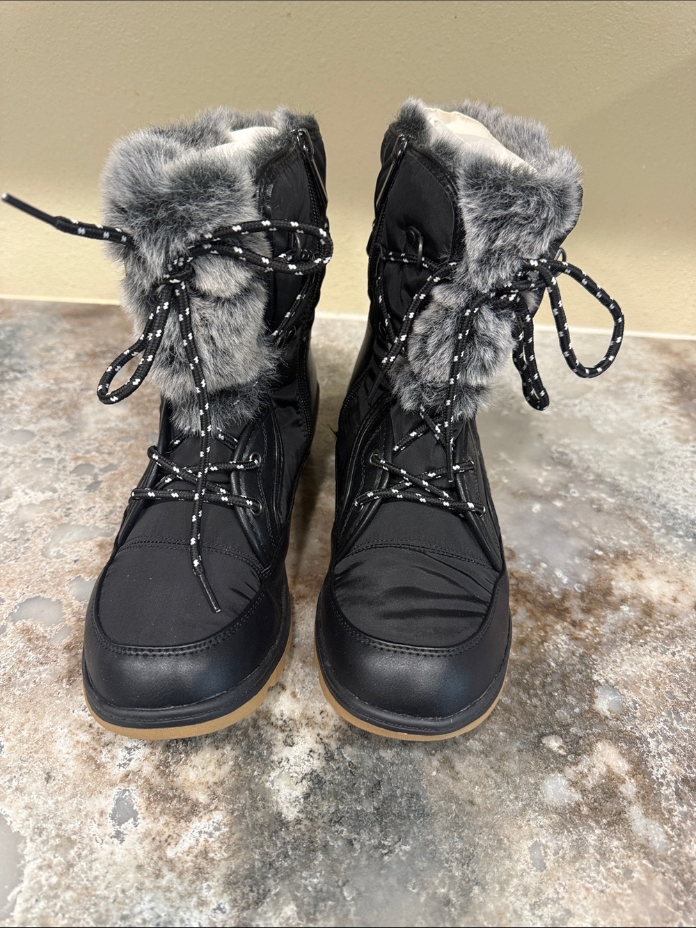Avenue Black Winter Rain Boots with Gray Faux Fur Cuff